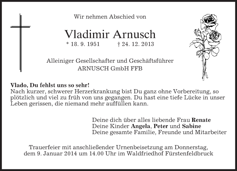  Traueranzeige für Vladimir Arnusch vom 04.01.2014 aus merkurtz