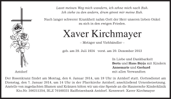 Traueranzeige von Xaver Kirchmayer von merkurtz