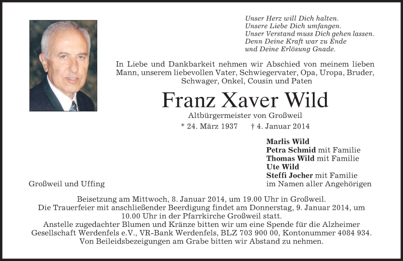  Traueranzeige für Franz Xaver Wild vom 07.01.2014 aus merkurtz