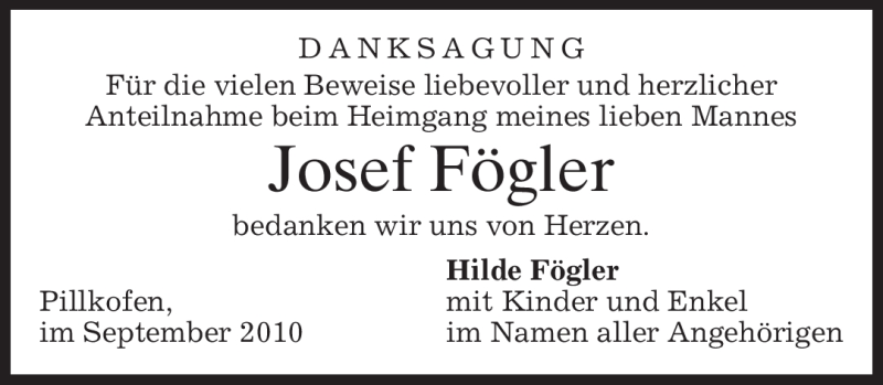  Traueranzeige für Josef Fögler vom 25.09.2010 aus MERKUR & TZ