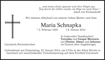 Traueranzeige von Maria Schnapka von merkurtz