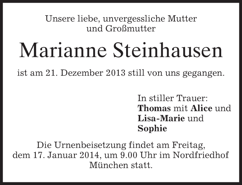  Traueranzeige für Marianne Steinhausen vom 11.01.2014 aus merkurtz