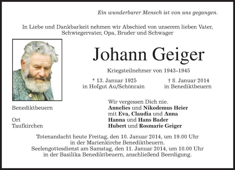 Traueranzeigen von Johann Geiger | trauer.merkur.de
