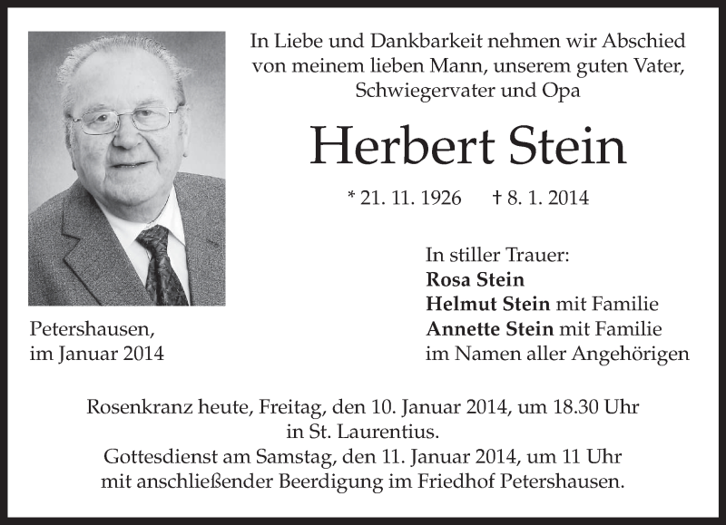  Traueranzeige für Herbert Stein vom 10.01.2014 aus merkurtz