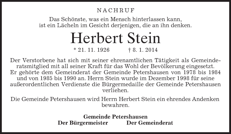  Traueranzeige für Herbert Stein vom 10.01.2014 aus merkurtz