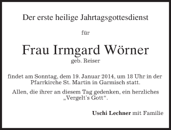 Traueranzeige von Irmgard Wörner von merkurtz