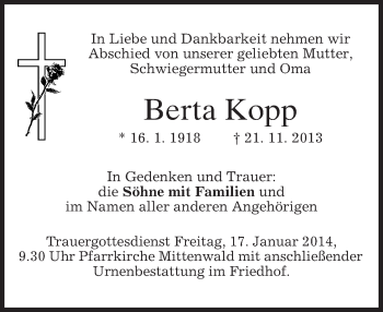 Traueranzeige von Berta Kopp von merkurtz