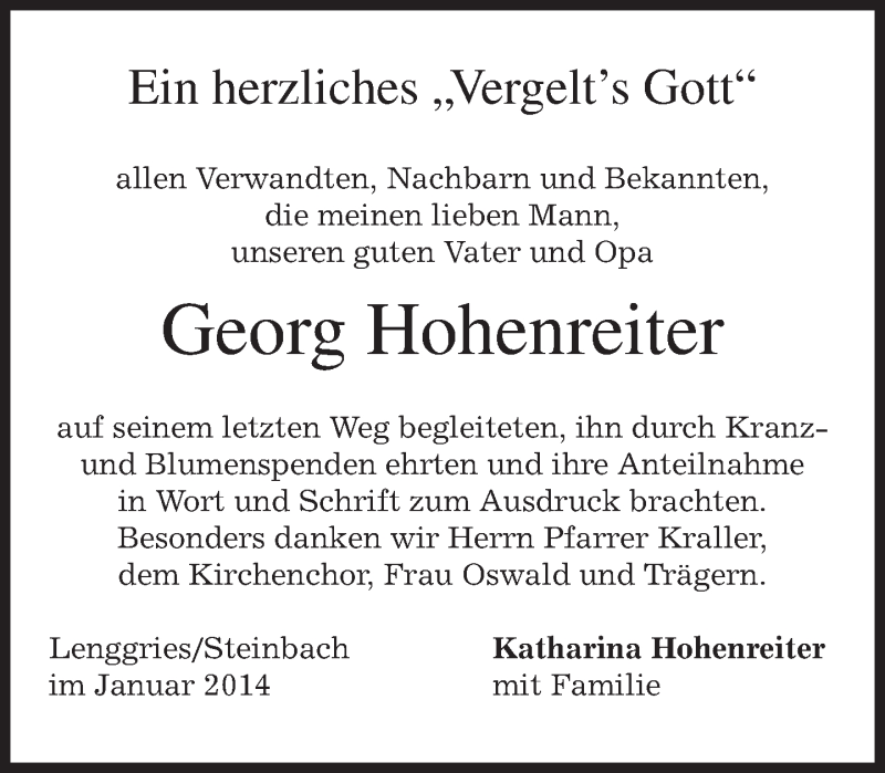  Traueranzeige für Georg Hohenreiter vom 11.01.2014 aus merkurtz