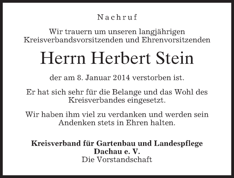  Traueranzeige für Herbert Stein vom 11.01.2014 aus merkurtz