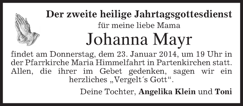  Traueranzeige für Johanna Mayr vom 18.01.2014 aus merkurtz