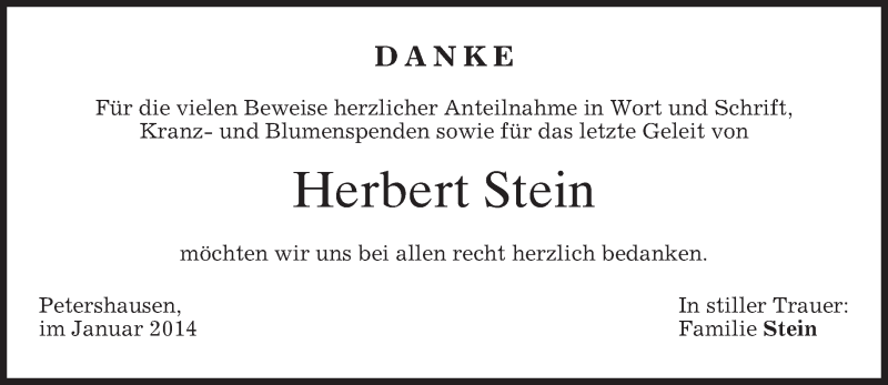  Traueranzeige für Herbert Stein vom 15.01.2014 aus merkurtz