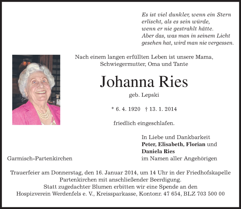  Traueranzeige für Johanna Ries vom 14.01.2014 aus merkurtz