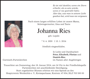 Traueranzeige von Johanna Ries von merkurtz