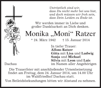 Traueranzeige von Monika Ratzer von merkurtz