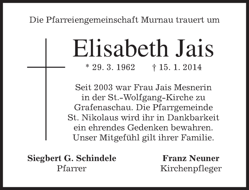  Traueranzeige für Elisabeth Jais vom 17.01.2014 aus merkurtz