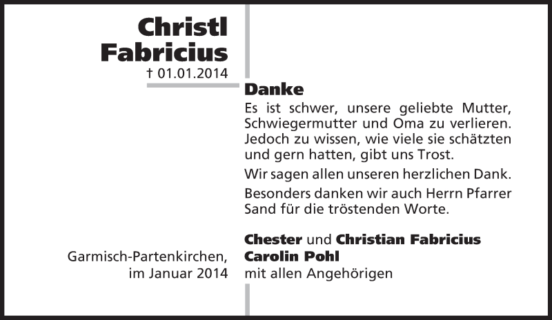  Traueranzeige für Christl Fabricius vom 18.01.2014 aus merkurtz