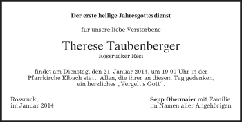 Traueranzeige von Therese Taubenberger von merkurtz