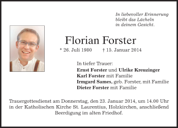 Traueranzeige von Florian Forster von merkurtz