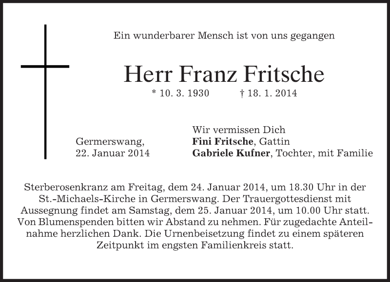  Traueranzeige für Franz Fritsche vom 22.01.2014 aus merkurtz