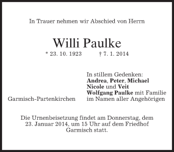 Traueranzeige von Willi Paulke von merkurtz