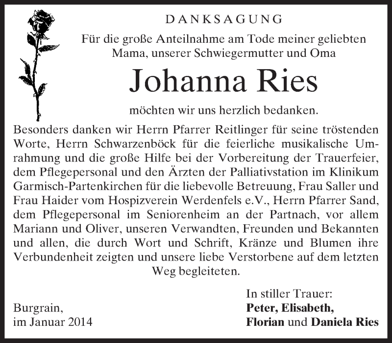  Traueranzeige für Johanna Ries vom 25.01.2014 aus merkurtz