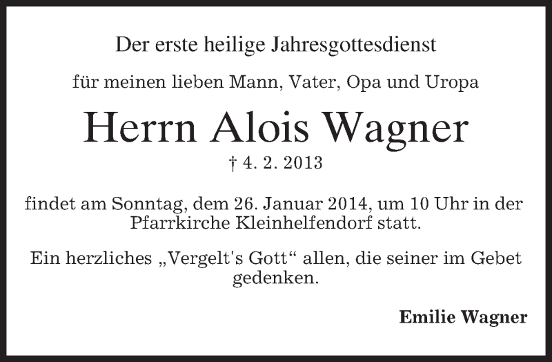  Traueranzeige für Alois Wagner vom 24.01.2014 aus merkurtz