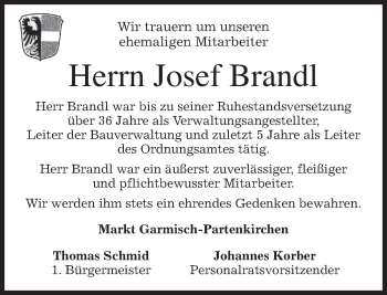 Traueranzeige von Josef Brandl von merkurtz