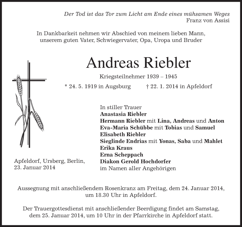  Traueranzeige für Andreas Riebler vom 23.01.2014 aus merkurtz
