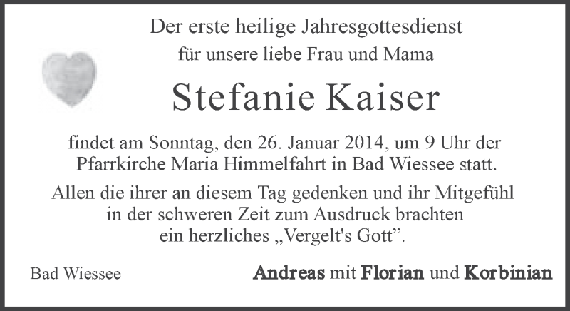  Traueranzeige für Stefanie Kaiser vom 25.01.2014 aus merkurtz