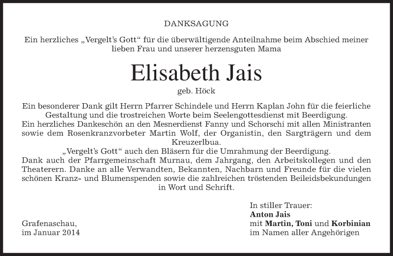  Traueranzeige für Elisabeth Jais vom 25.01.2014 aus merkurtz