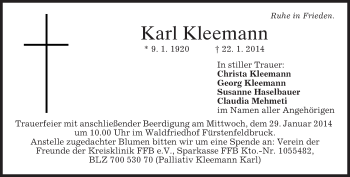 Traueranzeige von Karl Kleemann von merkurtz