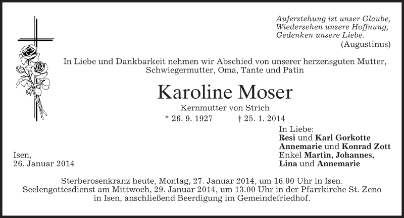  Traueranzeige für Karoline Moser vom 27.01.2014 aus merkurtz