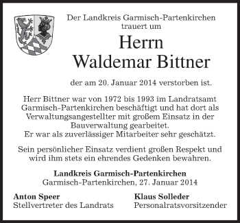 Traueranzeige von Waldemar Bittner von merkurtz