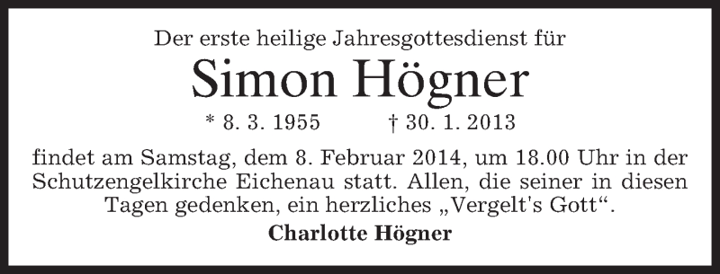  Traueranzeige für Simon Högner vom 30.01.2014 aus merkurtz