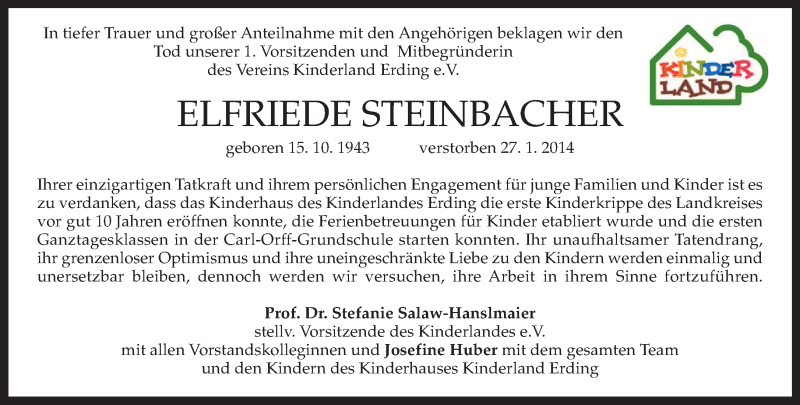  Traueranzeige für Elfriede Steinbacher vom 30.01.2014 aus merkurtz