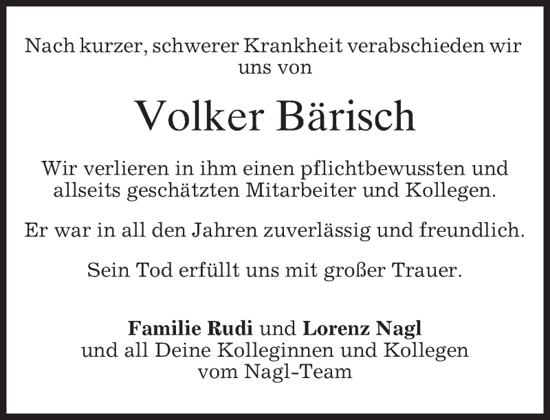  Traueranzeige für Volker Bärisch vom 29.01.2014 aus merkurtz