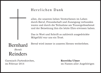 Traueranzeige von Bernhard Reinders von merkurtz