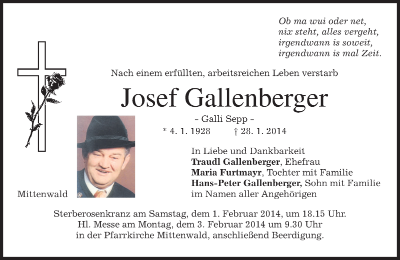  Traueranzeige für Josef Gallenberger vom 30.01.2014 aus merkurtz