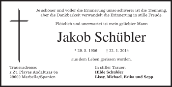 Traueranzeige von Jakob Schübler von merkurtz