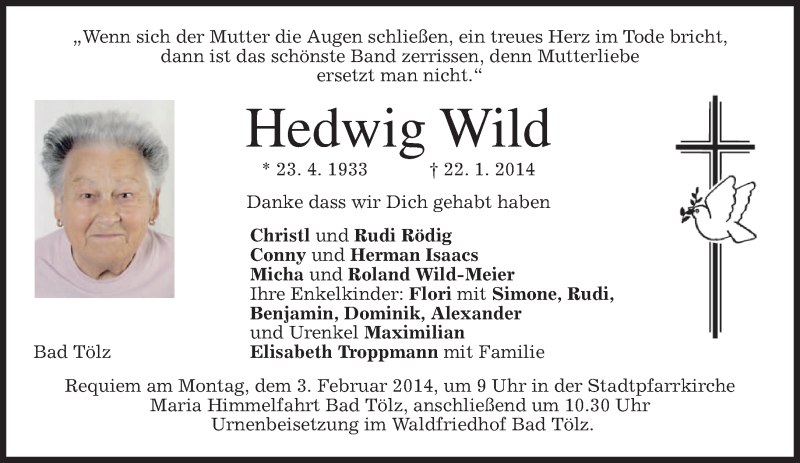  Traueranzeige für Hedwig Wild vom 31.01.2014 aus merkurtz