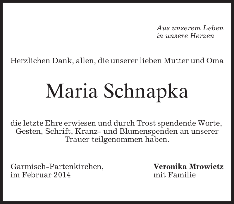  Traueranzeige für Maria Schnapka vom 01.02.2014 aus merkurtz