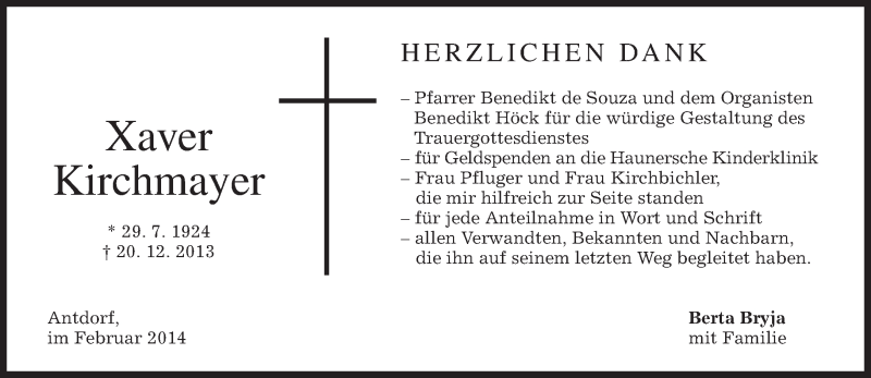  Traueranzeige für Xaver Kirchmayer vom 01.02.2014 aus merkurtz