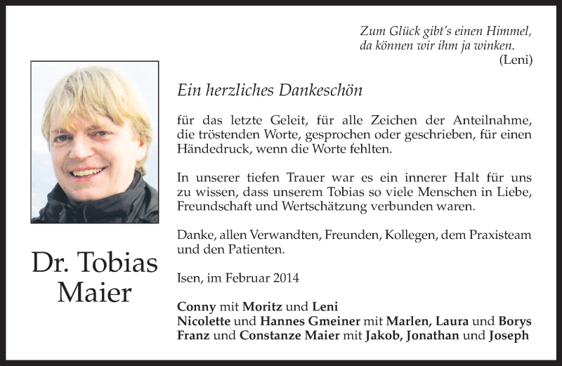  Traueranzeige für Tobias Maier vom 01.02.2014 aus merkurtz
