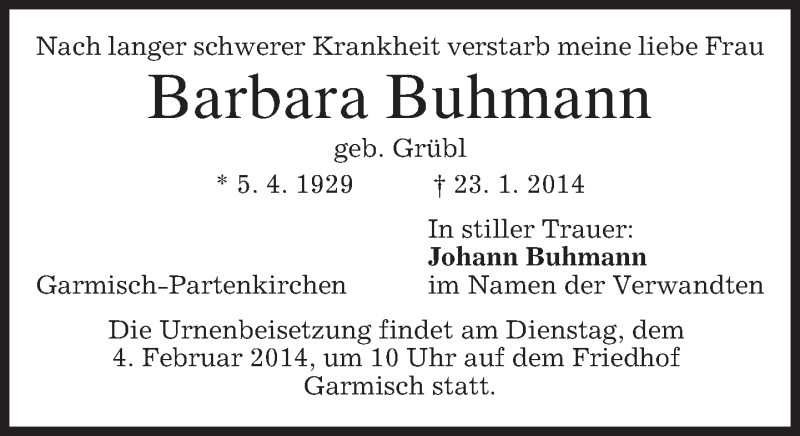  Traueranzeige für Barbara Buhmann vom 01.02.2014 aus merkurtz