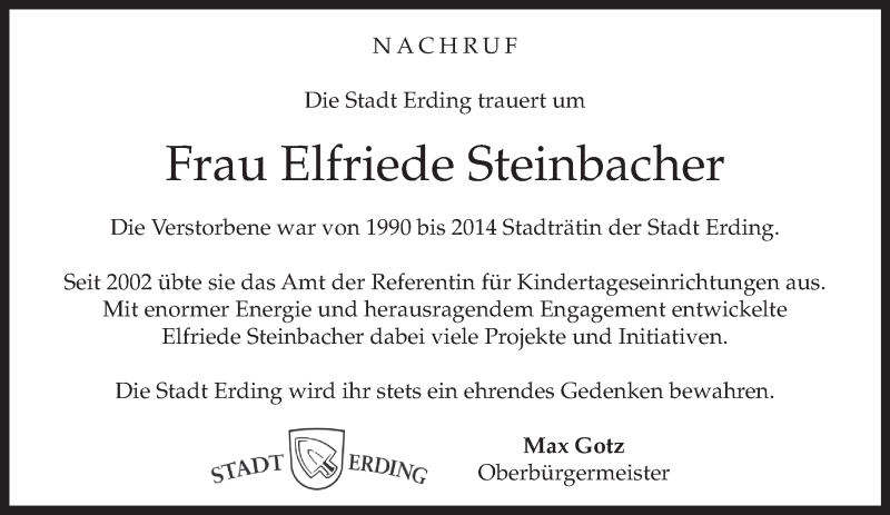  Traueranzeige für Elfriede Steinbacher vom 01.02.2014 aus merkurtz