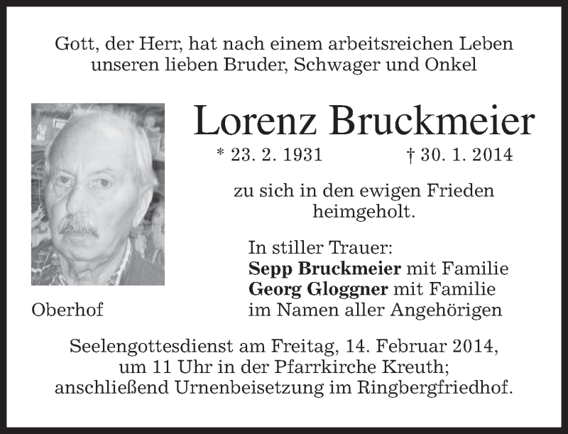  Traueranzeige für Lorenz Bruckmeier vom 08.02.2014 aus merkurtz