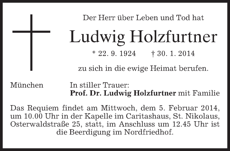  Traueranzeige für Ludwig Holzfurtner vom 01.02.2014 aus merkurtz