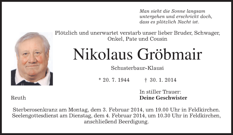  Traueranzeige für Nikolaus Gröbmair vom 01.02.2014 aus merkurtz