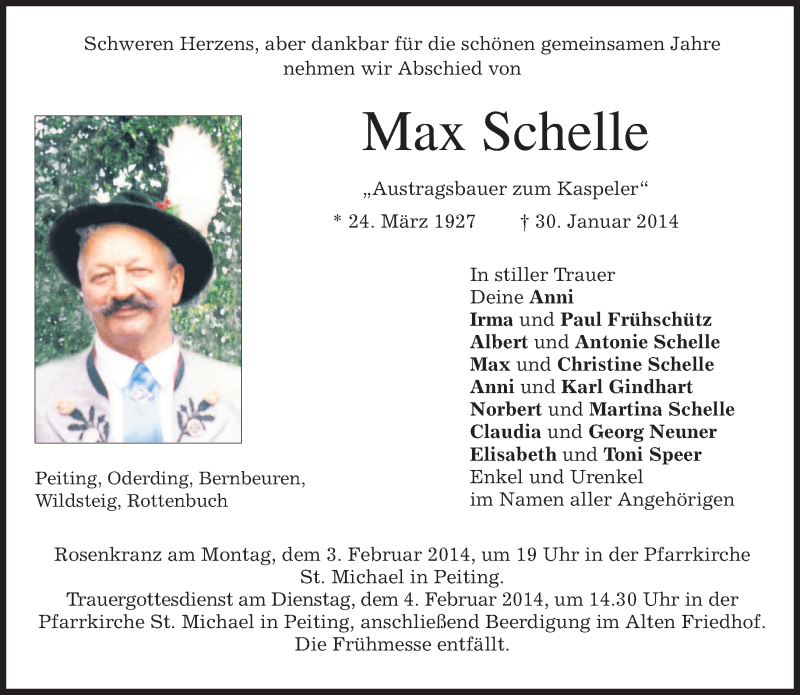  Traueranzeige für Max Schelle vom 01.02.2014 aus merkurtz