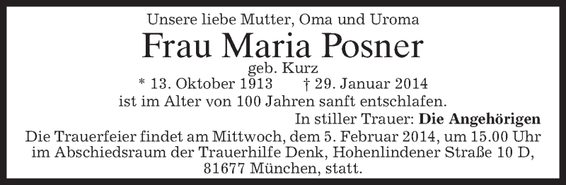  Traueranzeige für Maria Posner vom 03.02.2014 aus merkurtz